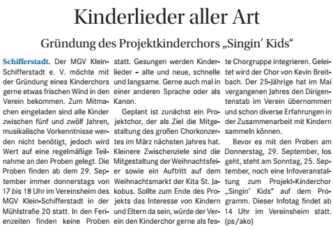 Singin' Kids im Speyerer Wochenblatt - 14.09.2016